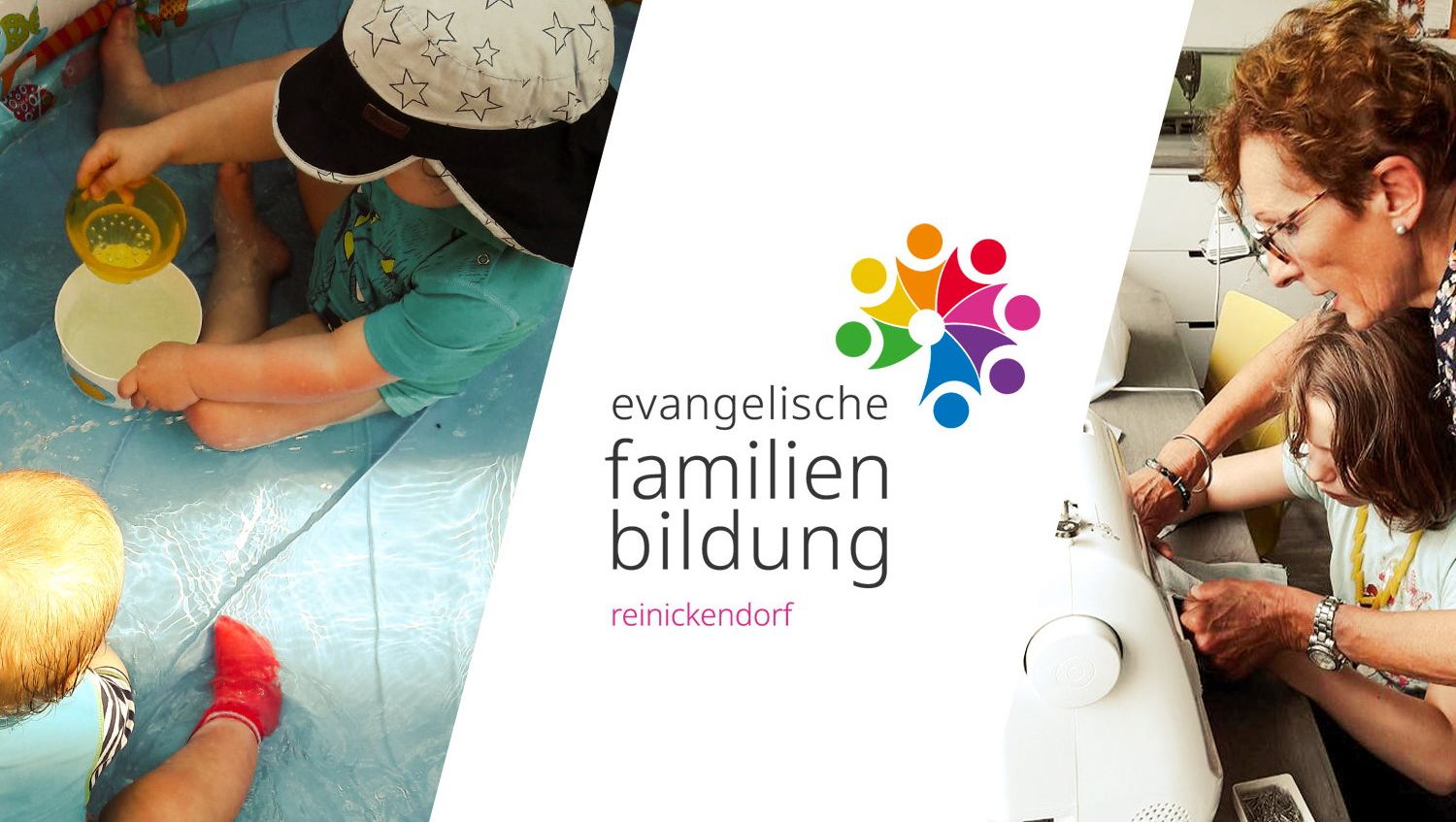 Logo der Familienbildungsstätte, rechts Frau, die ein Kind anleitet, links spielender Junge