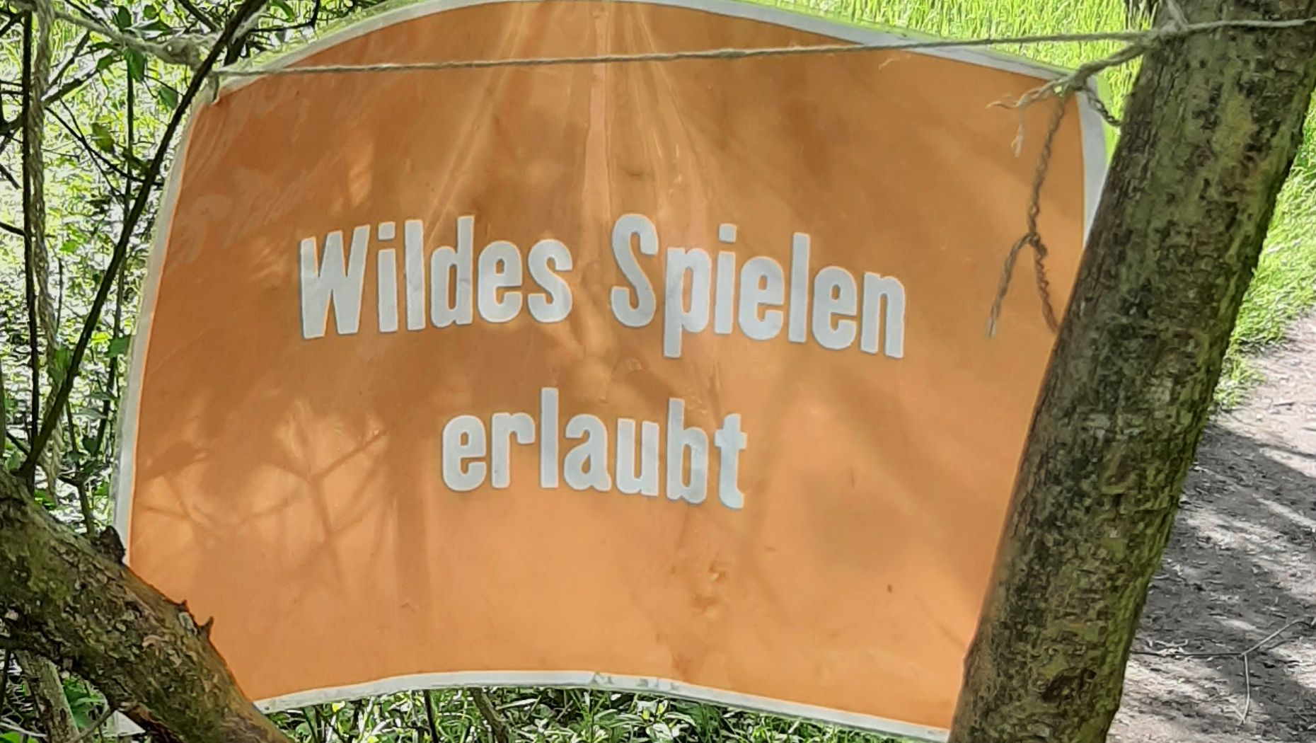 Oranges Banner mit weißer Schrift hängt an Baum im Wald